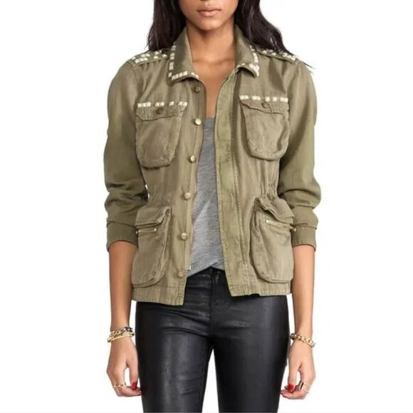 Current/Elliott Lone Solider Studded Army Green Utility Jacket Womens S Military - Picture 1 of 8